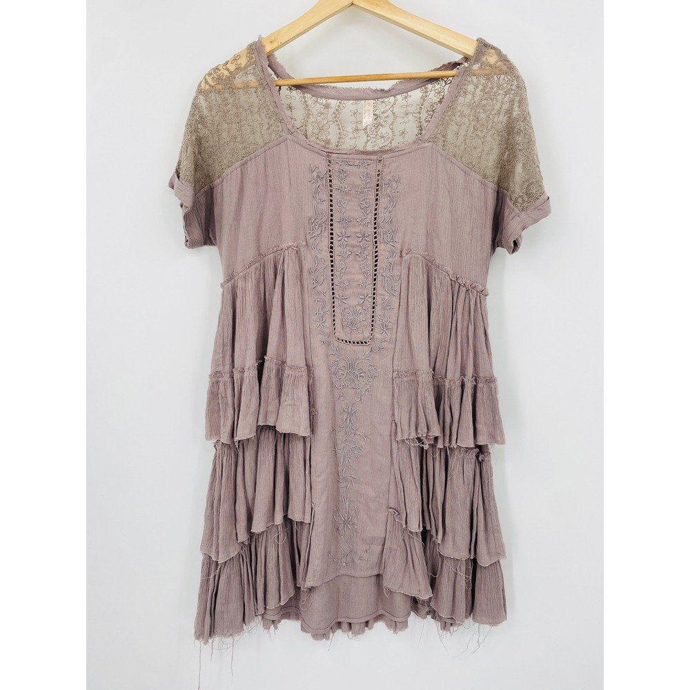 Free People Trapeze Dress Womens XS Purple Embroidered‎ Lace Tiered Ruffle Mini